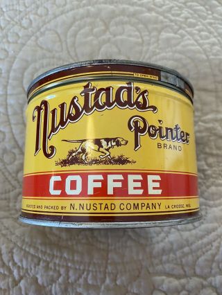 Vintage Nustad’s Pointer Keywind Coffee Tin 1 Pound Hunting Dog Lacrosse,  Wi