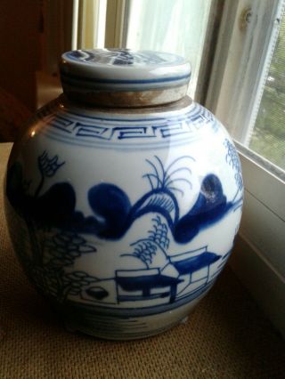 Antique Blue & White Hand Painted Chinese Porcelain Ginger Jar