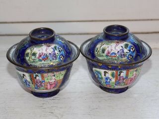 Antique Chinese Hand Decorated Enamel On Brass Miniature Lidded Bowls