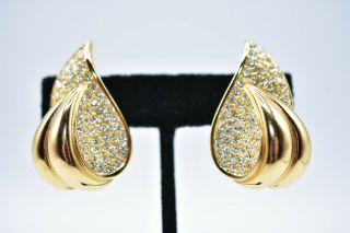 Christian Dior Signed Clip On Earrings Rhinestone Crystal Vintage Gold Rare Binc