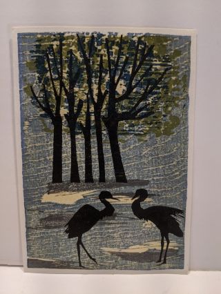 Vintage Unread Japanese Woodblock Print Cranes & Trees