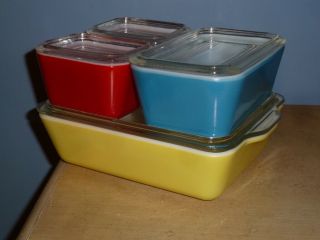 8 - Pc Complete Vintage Pyrex Primary Color Refrigerator Dish Set 501,  502,  503