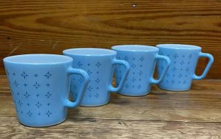 Set - 4 Vintage Pyrex Mug Foulard Pattern Turquoise Blue Atomic Star Burst 1410