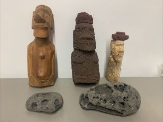 Vintage Easter Island Carved Wood Moai Statue & Misc Items Pre 1950s