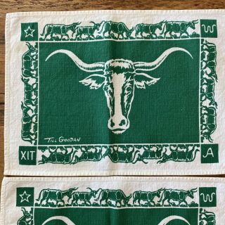 8 Vintage TILL GOODAN Western Long Horn Steer Green Fabric Napkins & Placemats 2