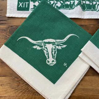 8 Vintage TILL GOODAN Western Long Horn Steer Green Fabric Napkins & Placemats 3
