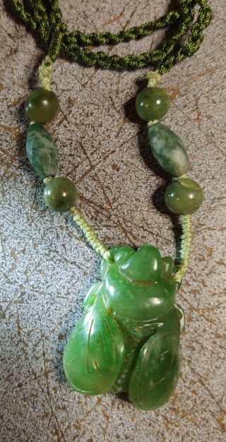 Vintage Burmese Green Jade Cicada Pendant Necklace.