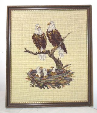 Vintage Hand Embroidered Patriotic American Bald Eagle Baby Bird Needlepoint Art