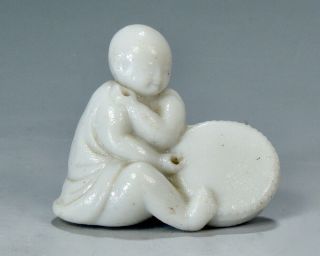 Antique Miniature Chinese White Porcelain Figure Of Boy With Drum