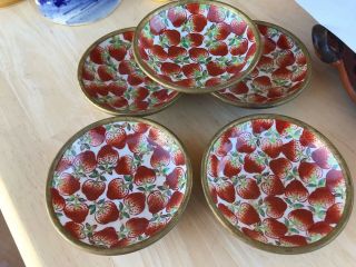 Vintage Set Of 5 Strawberry Plates,  Hand Painted Hong Kong Metallic,  4 " Diam