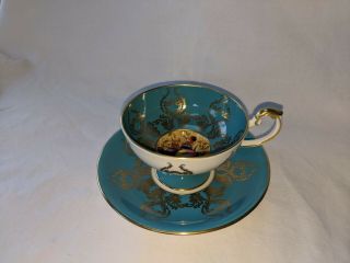 Vintage Aynsley Orchard Fruit Center Turquoise Blue Gold Bone China Cup & Saucer