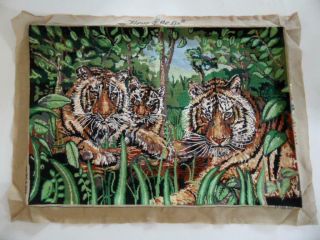 Vintage 50yrs Handmade Large Wool Needlepoint Tapestry Jungle Tigers Tiger Cubs