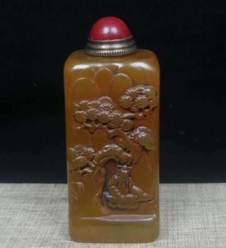 Chinese Natural Shoushan Stone Hand Carved Exquisite Pine & Old Man Snuff Bottle