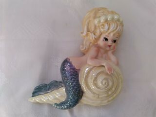 Vintage Lefton Opalescent Blonde Mermaid Sitting On Shell Wall Plaque