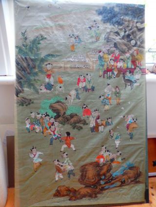 Vintage Large Chinese Painting Of Children Playing On Silk Paper Panel
