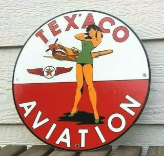 Vintage Texaco Gasoline Porcelain Pin Up Girl Service Military Gas Airplane Sign