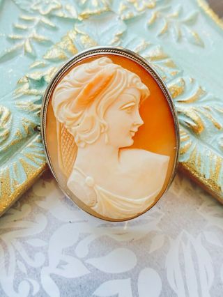 Vintage Sterling Silver Victorian Hand Carved Lady Cameo Shell Brooch