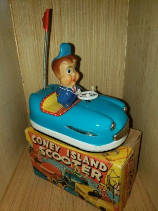 Vintage Tin Toy Crank Wind Up Coney Island Scooter Bumper Car Great.