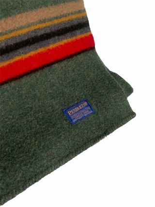 Vintage Pendleton Wool Blanket 66” X 84” Green Gray Red Stripe Yakima Camp