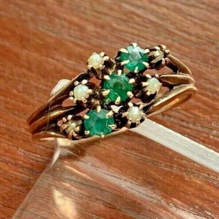 Vintage Antique Jr Woods 10k Yellow Gold Emerald & Pearl 3 Stone Ring - Sz 7