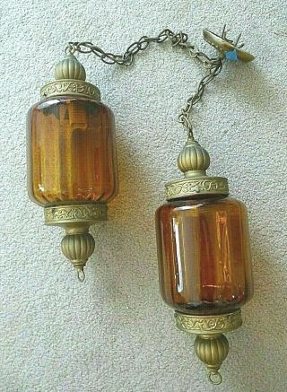 Vintage Light Fixtures Mid Century Modern Ribbed Amber Hanging Light Pendants