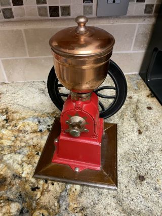 Vintage Elma Style Red Cast - Iron Hand Crank Coffee Grinder