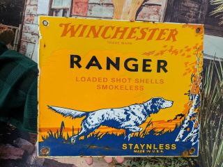 Old Vintage Dated 1953 Winchester Ranger Porcelain Enamel Sign Remington Colt