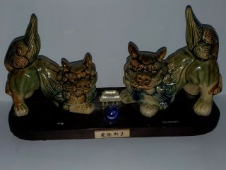 Japanese Foo Dog Gold,  Blue,  And Green Glazed Pair On Wood Shelf Decor
