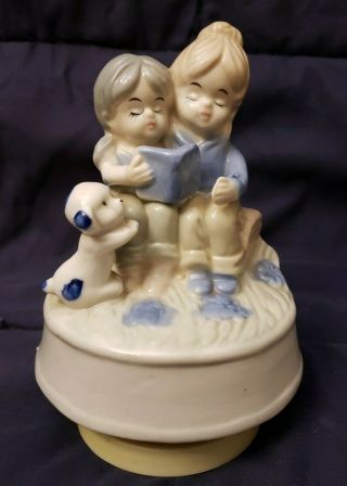 Vintage " Close To You " Music Box Glazed Glass Mom Girl Puppy Reading Book