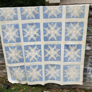 Vintage / Antique Handmade Patchwork Quilt In Light Blue Colors Star Pattern