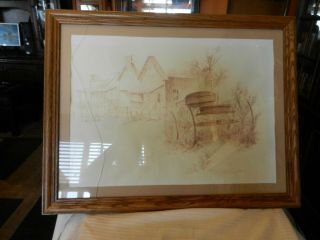 Vintage Framed Pencil Drawing Of A Western Town & Carriage By Robert Andrews