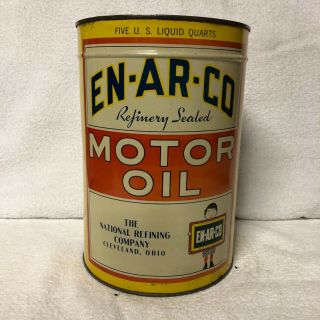 Vintage En - Ar - Co Motor Oil 5 Qt Metal Oil Can