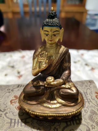 Antique Solid Copper And Bronze Buddha Seated Figure Statue