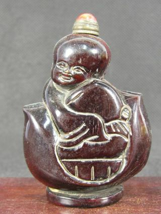Chinese Boy Peach Carved Natural Ox Horn Snuff Bottle