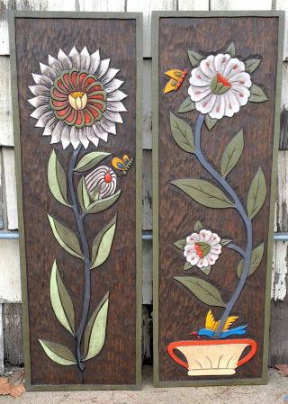 Large Vintage Hand Carved & Painted Bas Relief Wood Plaques,  1970 Mexico