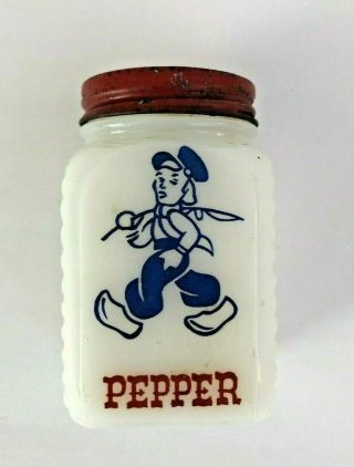Vintage White Milk Glass Pepper Shaker Blue Dutch Boy Red Lid