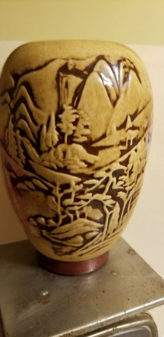 " Asian Motif " 6 " Vintage Pottery Vase W/ Embossed Forest Mountain Landscape Design