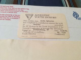 1981 VINTAGE SEVENTH DAY ADVENTIST MISSIONARY VOLUNTEERS & AY SOCIETY PAPERWORK 3