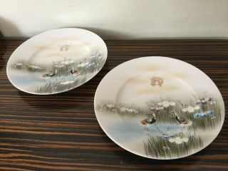 2 Antique Japanese Signed Kutani Hand Painted Porcelain 7.  25” Round Dish Plates
