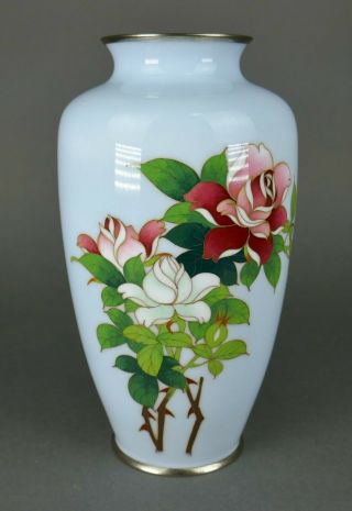 Fine Old Japanese Cloisonne Enamel Light Blue Rose Ikebana Flower Vase