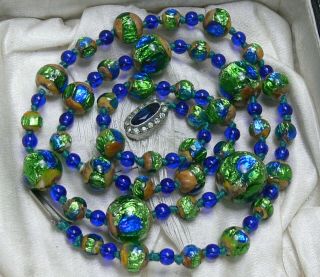 Vintage Antique Art Deco Uv Blue Green Bohemian Foil Glass Peacock Eye Necklace