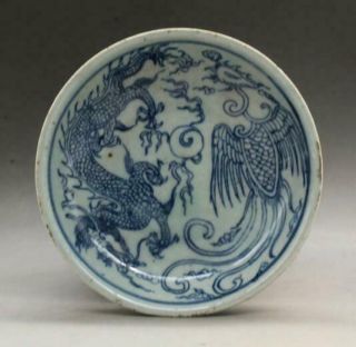 Chinese Old Porcelain Qing Guangxu Blue White Painting Dragon Phoenix Plate