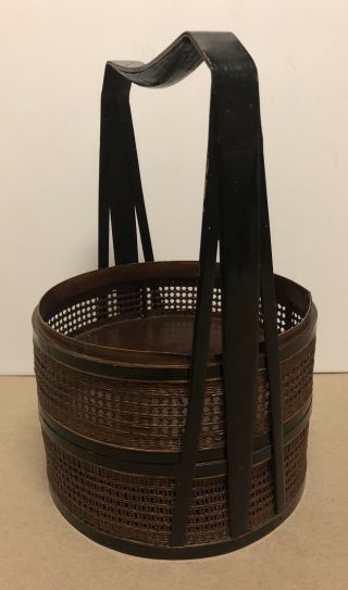 Vintage Chinese Wedding Basket Woven Bamboo Stacking Hand Painted Incomplete Set