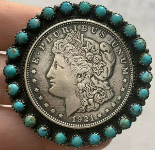 Vintage Navajo Marcella James Sterling Silver Petit Point Turquoise Coin Brooch