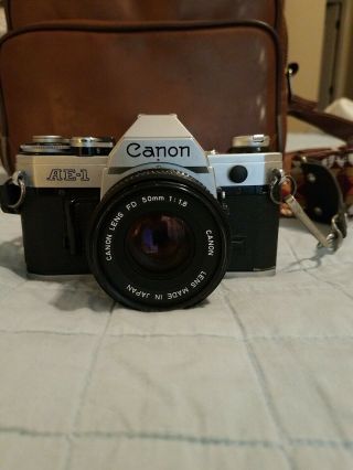 Canon Ae - 1 Camera With Fd 50mm F1.  8 Lens With Strap And Bag Vintage