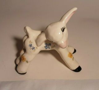Porcelain Lamb Figurine Pink Ears Hand Painted Flowers Vintage Flirting Eyes