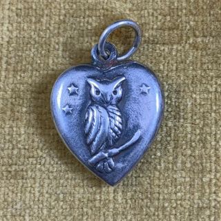 Rare Vintage Sterling Silver Puffy Heart Charm Wise Owl And Stars