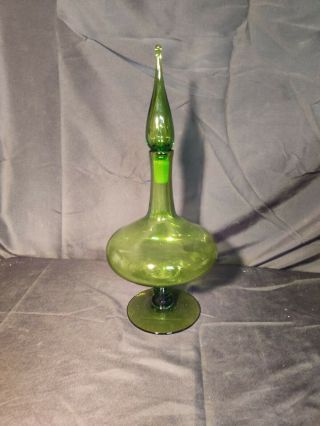 Vintage Blenko 6212 Mid Century Modern Green Footed Glass Decanter With Stopper