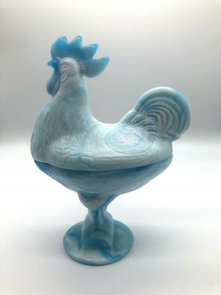 Vintage Kanawha Blue/white Slag Glass Rooster Standing On Log Covered Dish