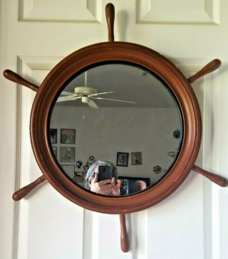 Antique/ Vintage 28 " Wood Nautica Ship’s Wheel With Mirror 15 " Diameter Mirror
